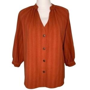 Ellison Boho Top Blouse Stripe Button Down 3/4 Sleeve Linen Cotton Women Medium